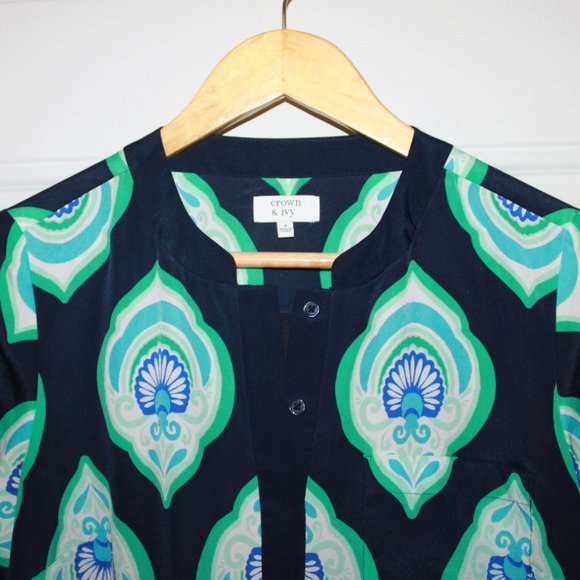 SALE: Crown & Ivy Navy/Turquoise Geometric and Monkey Design Shift Dress Size 4 - Picture 2 of 10